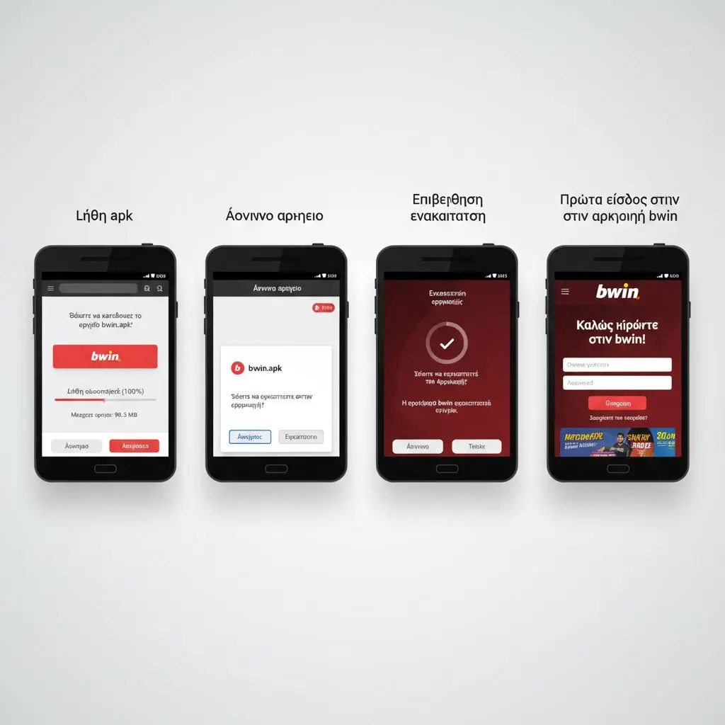 Βήματα εγκατάστασης της bwin Android εφαρμογής σε τέσσερις οθόνες