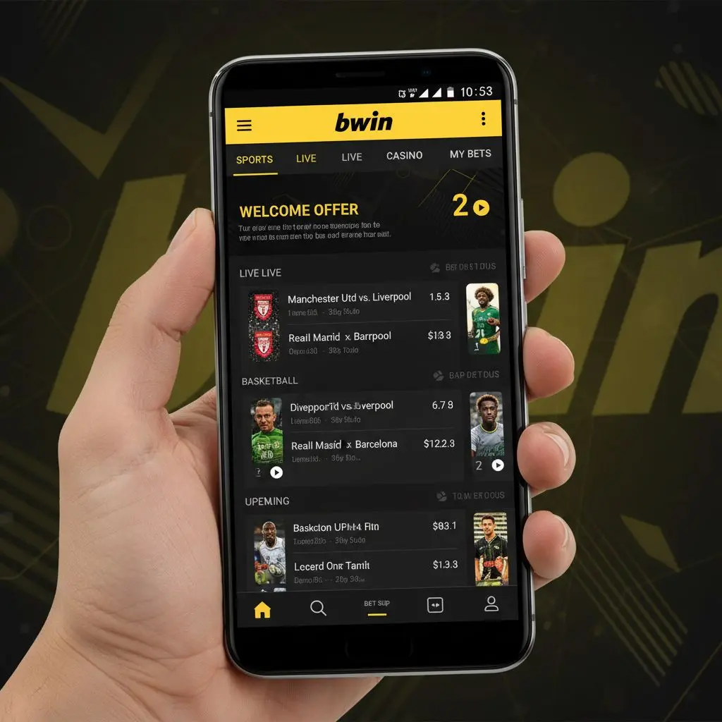 Android κινητό με ανοιχτή την αρχική οθόνη της bwin εφαρμογής και στοιχήματα