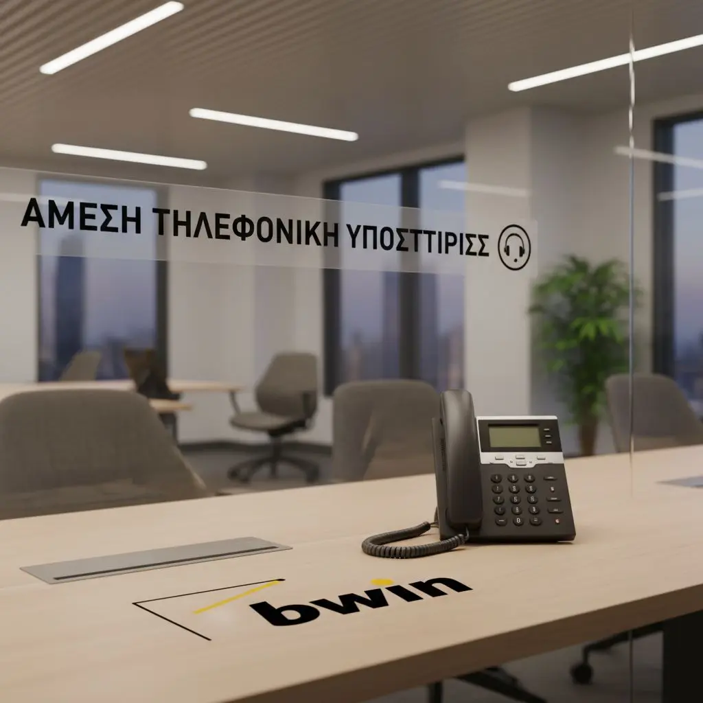 τηλεφωνικό ακουστικό και λογότυπο bwin σε φόντο με θέμα την άμεση υποστήριξη στην Αθήνα