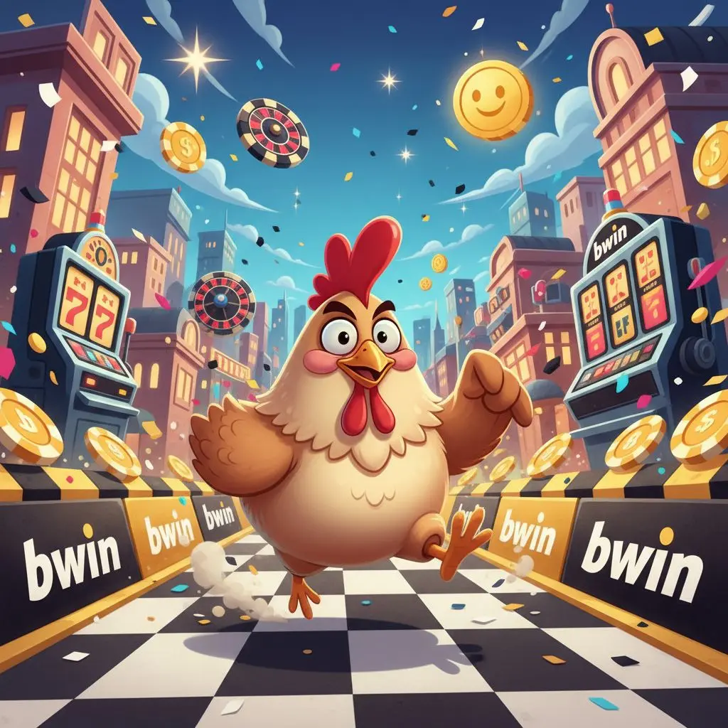 Το κοτόπουλο του Chicken Road τρέχει σε διαδρομή, bwin αισθητική στο φόντο.