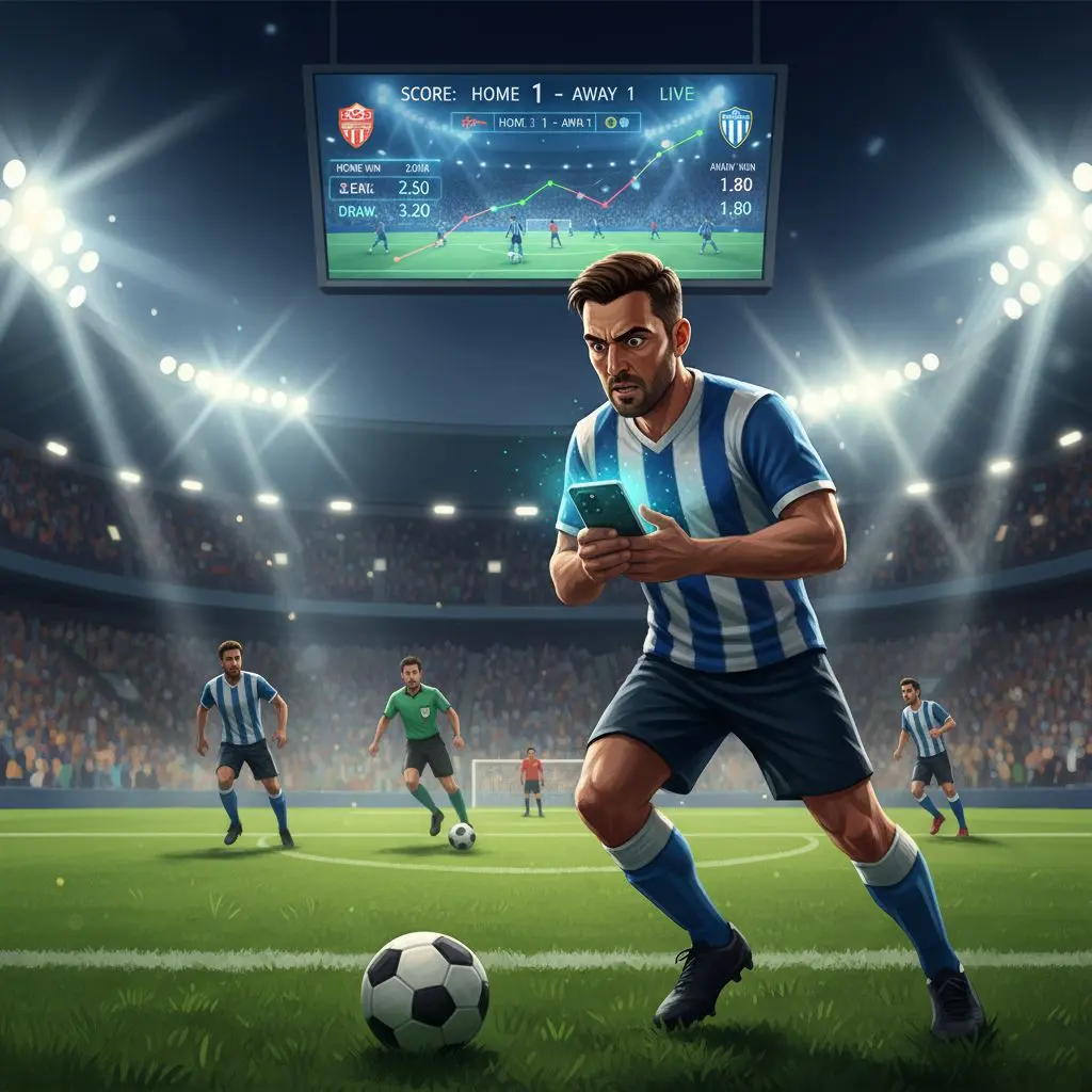 Σκηνή live betting σε ποδοσφαιρικό αγώνα με αποδόσεις στο κινητό