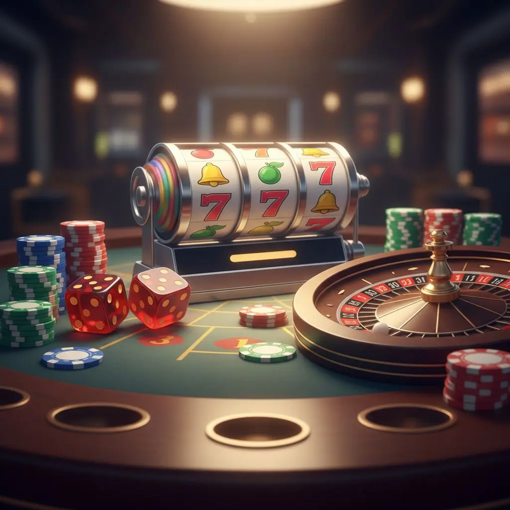 Τραπέζι καζίνο με τροχούς slots, ρουλέτα και μάρκες, εικονική απεικόνιση