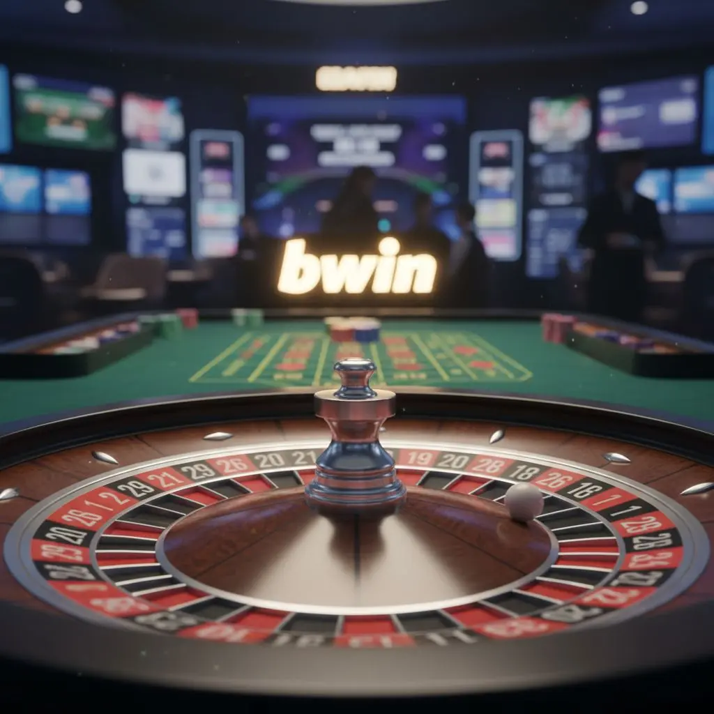 Τραπέζι ρουλέτας με μπίλια, λογότυπο bwin και ατμόσφαιρα online/live καζίνο