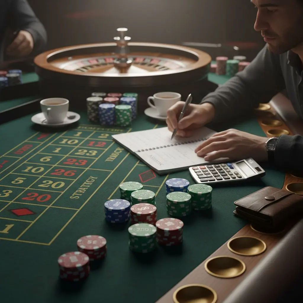 Διαχείριση bankroll με μάρκες και σημειώσεις σε τραπέζι ρουλέτας