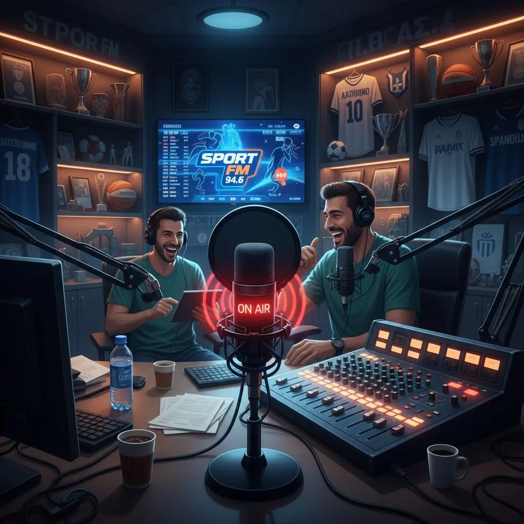 Ραδιοφωνικός σταθμός bwin Sport FM 94.6 σε στούντιο με μικρόφωνο και αθλητικό φόντο